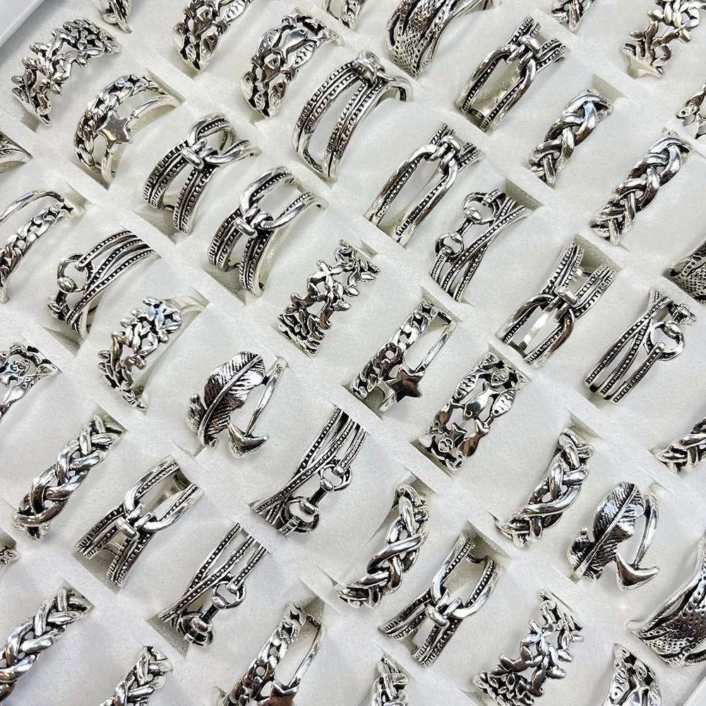 50Pcs/Lot Rattan Antique Silver Style Vintage Silver Ring For Women Ladies Jewelry Bulks LR4228