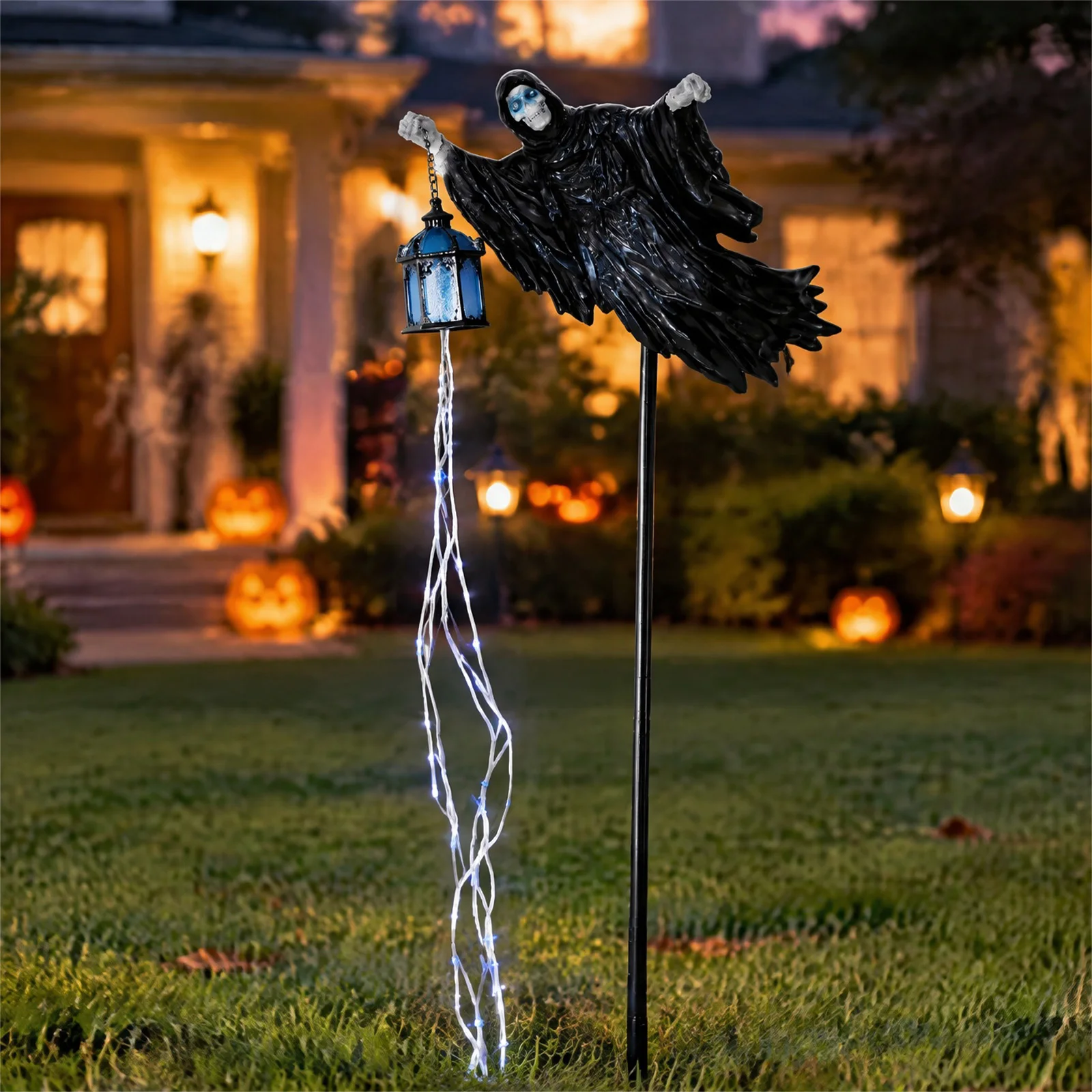 Gothic Outdoor Garden Decor Halloween Grim Reaper Skull Lantern Yard Stake Glowing Ghost Soul Light