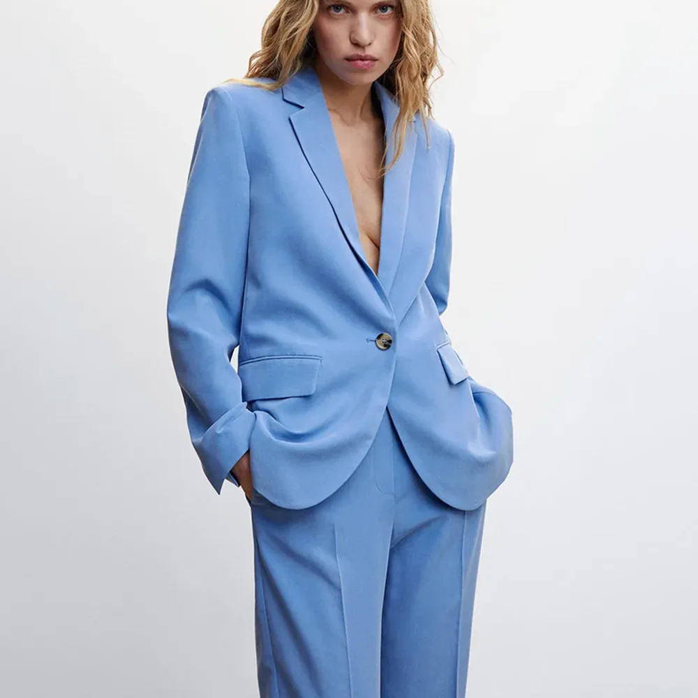 Graceful Blue Notch Lapel Suits For Women Casual Single Breasted 2 Piece Daily Interview Business Speech Outfits Jacket Pants