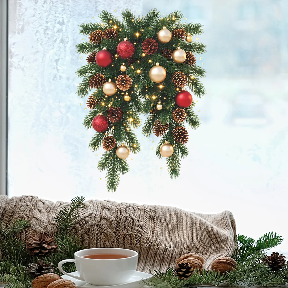 Christmas Simulated Hanging Pine Branch Light Ball Static Cling Window Stickers UV Glass Window Home Beautify Decor Decals Xmas