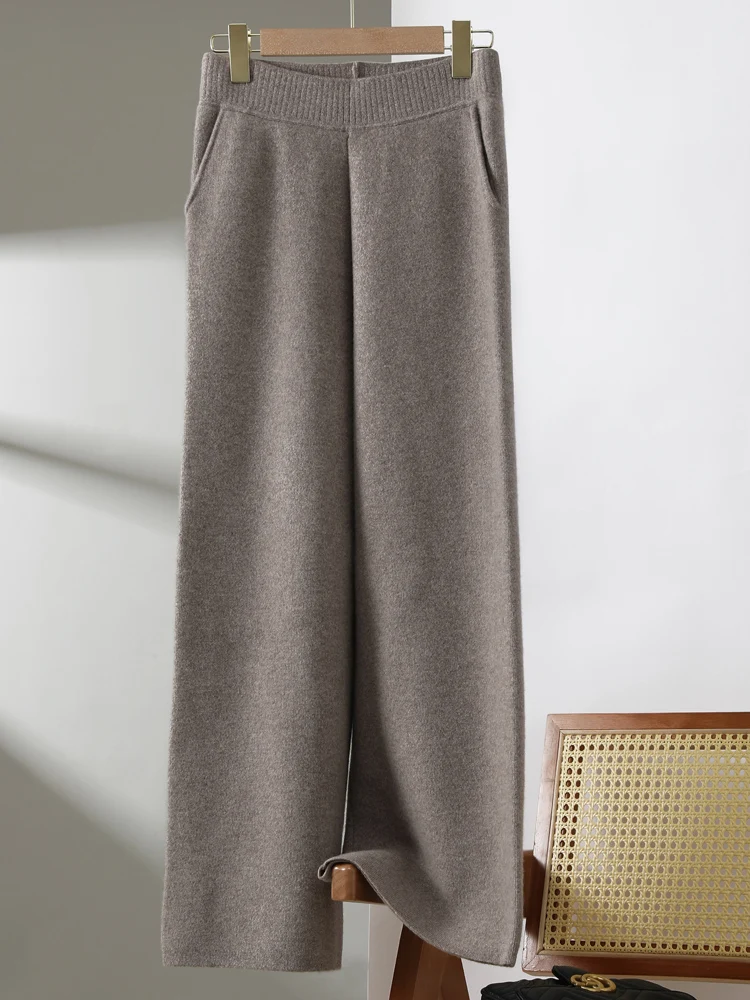 

Autumn Winter High Quality Women Thick 100% Merino Wool Knitted Wide-Leg Pants Pockets Soft Warm Comfortable Retro Style Bottoms