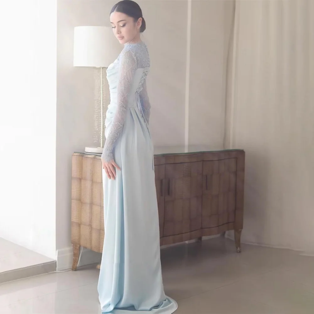 تخصيص رائعة Ruched المرأة حفلة موسيقية فستان طويل الأكمام الساحرة حورية البحر الدانتيل زين فستان الحفلات المرأة الساتان ثوب مسائي