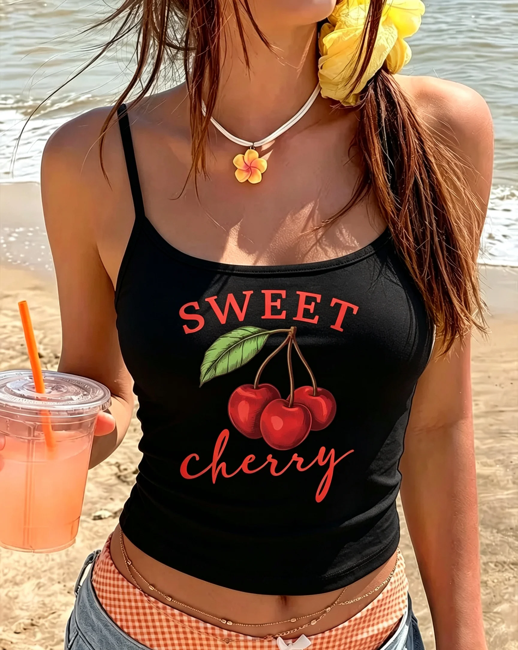 Women Cherry Graphic Camisole Sweet Script Print Tank Top Summer Girly Sleeveless Vest Casual Daily Wear Beach Outfit Trendy