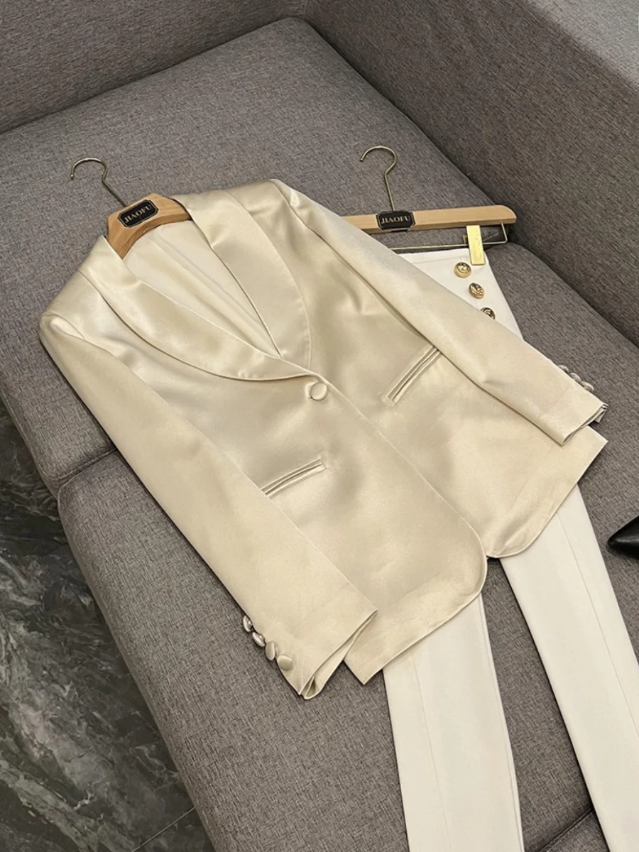 

New Sle Satin Long Sve Suit een Color Commute Sle Slim Fit Chinese Production Ladies Suit with Strap for Women