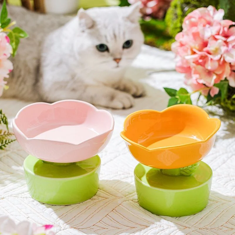 

New Flower Shape Ceramic Cat Bowl Non-slip High Foot Dogs Puppy Feeder Pet Feeding Food Water Elevated Raised Dish Pet Supplies