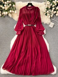 Spring Vintage Women Chiffon Long Dress Elegant Bow Collar Puff Sleeve High Waist Draped Maxi Vestidos Female Casual Robe New