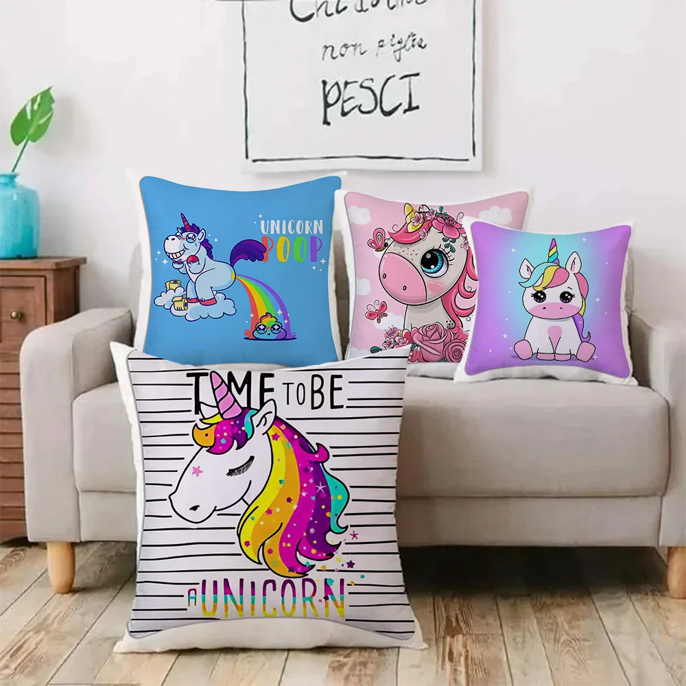 Fodere per cuscini per cartoni animati unicorno divano per cartoni animati decorativo per la casa stampa fronte-retro fodera per cuscino corta in peluche carino