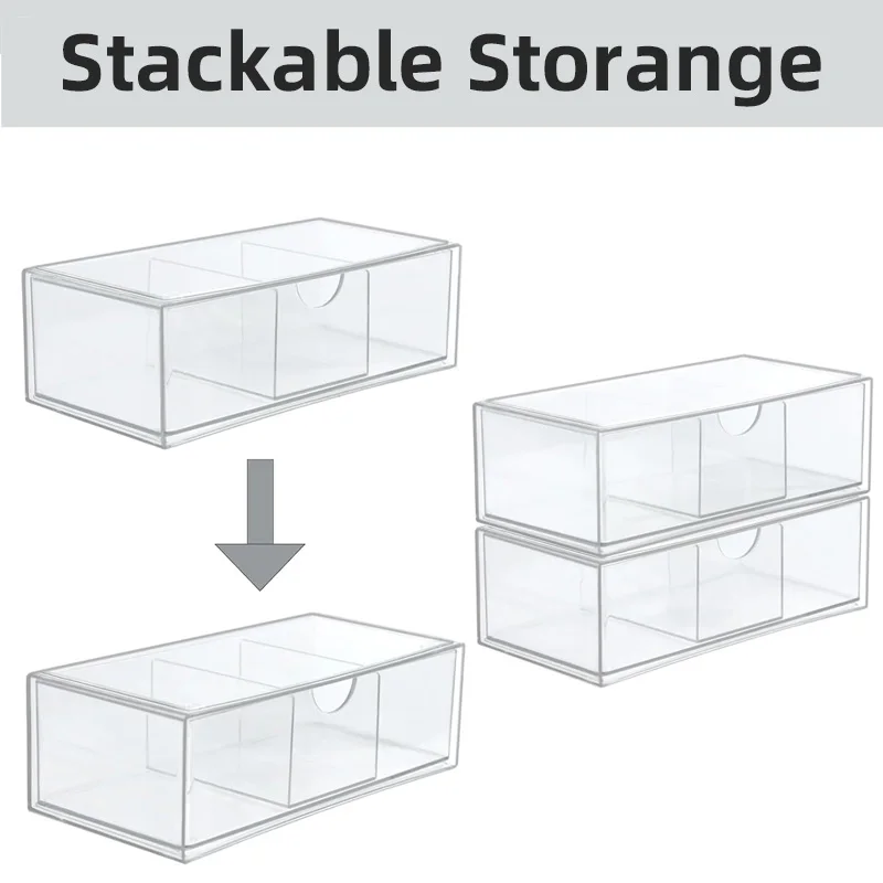 Pull-out mirror cabinet organizer with removable dividers, transparent sliding drawer & stackable structure. Suitable for bathroom, desk, counter, cabinet and office, great for cosmetics, makeup and stationery view 3