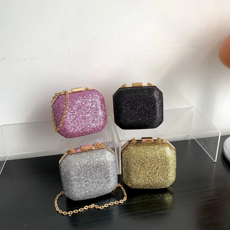 Vintage Fashion Rhinestone Small Clutches For Women 2024 New Gold Silver Black Color Mini Handbags Prom Party Chain Shoulder Bag