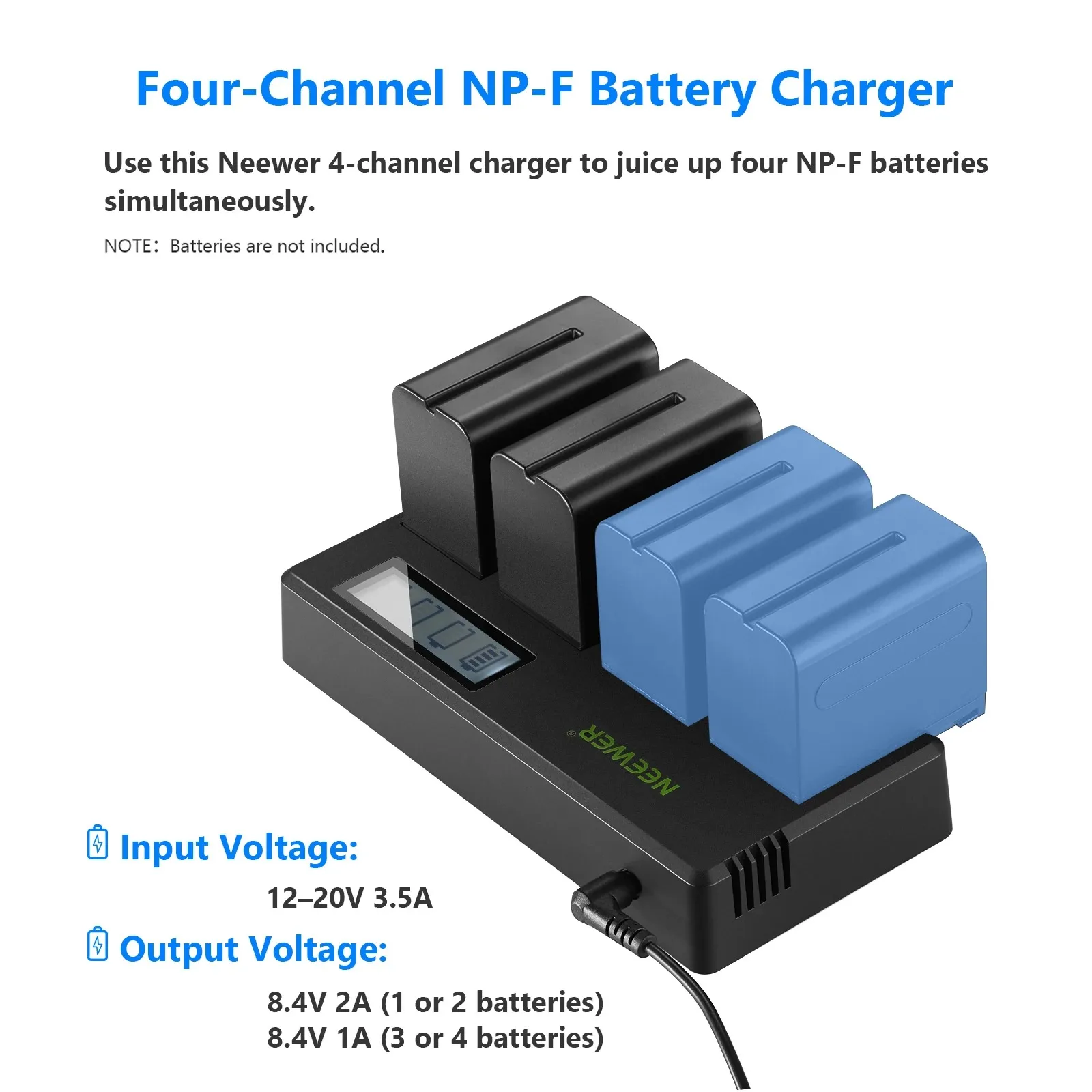 Neewer 4-Channel NP-F Battery Charger with LCD Screen & Power Adapter For  Camcorder Li-ion Batteries