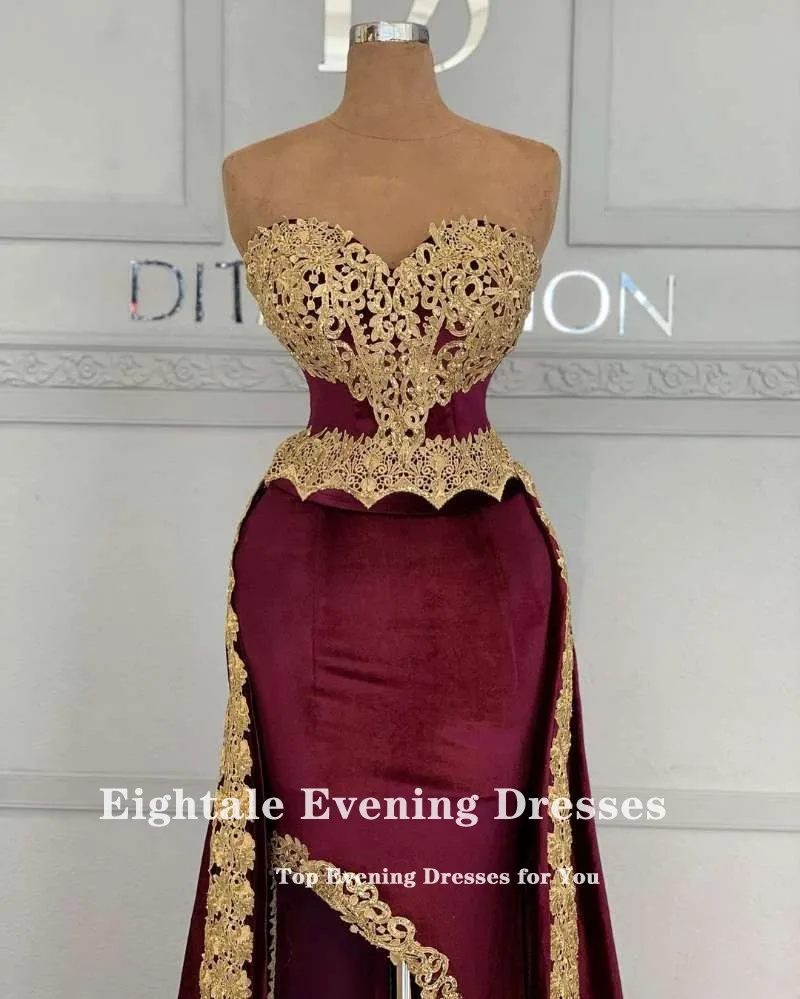 Eightale Caftan Marocain de mariag Evening Dress Burgundy Gold Lace Appliques Prom Gown Velvet Customized Mermaid Party Dress