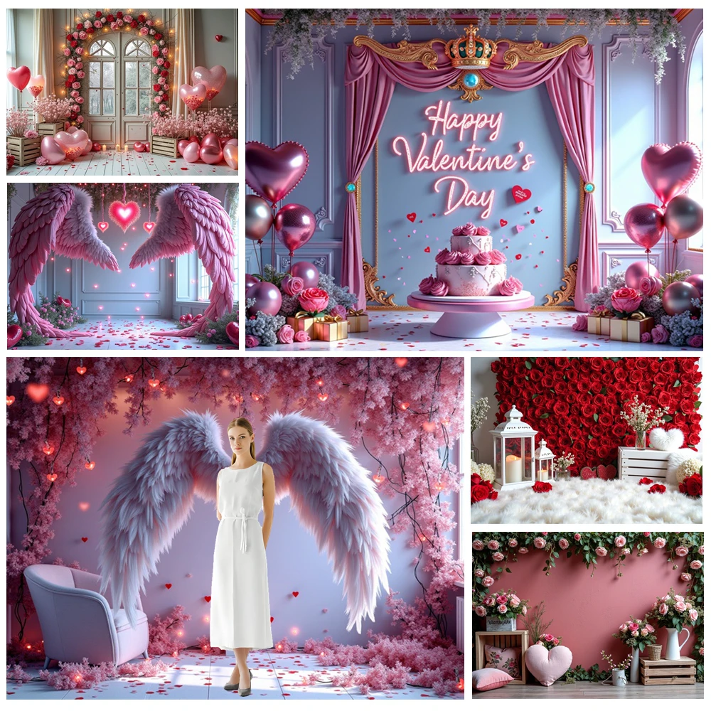 

MOON.QG Valentine's Day Arch Door Backdrop Decoration Wing February 14 Curtain Purple Backgrounds For Photographs Accessories