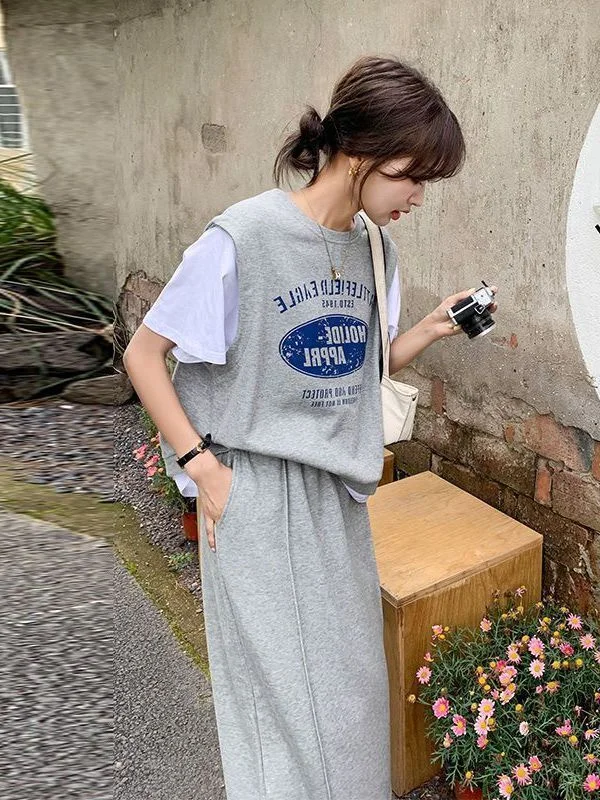 

plus Size Women's Fashion Summer Outfit T-Shirt High Waist Skirt Set Short Sleeve round Neck Patchwork A-Line Midi Skirt