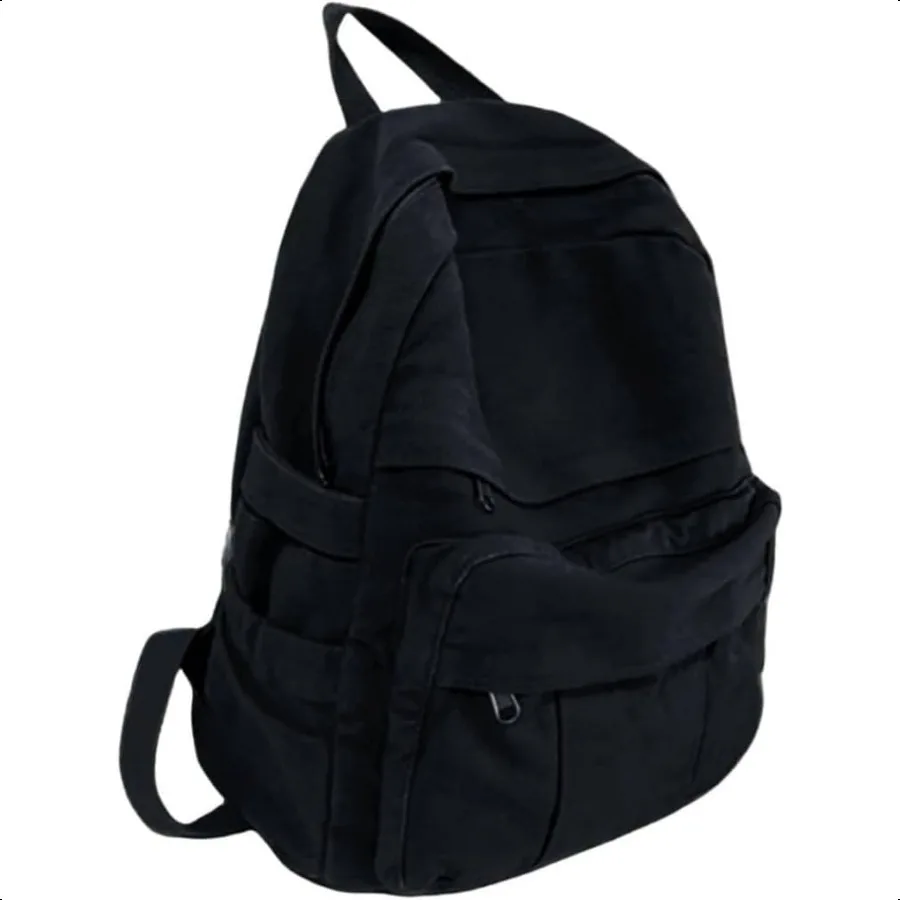 

Black Canvas Backpack for Women Men Retro Aesthetic Rucksack Basic Backpack for High School College Students Travel Laptop Bag