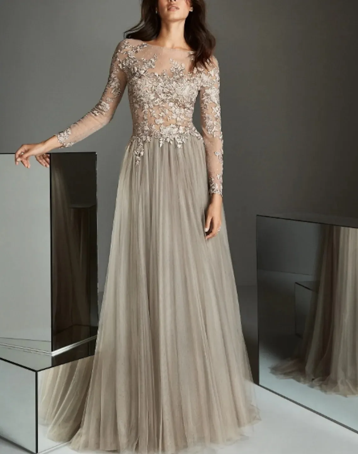 

A-Line Elegant Evening Prom Dress Illusion Neck Long Sleeve Appliques Lace Tulle Pageant Party Gowns Customed Robe De Soiree