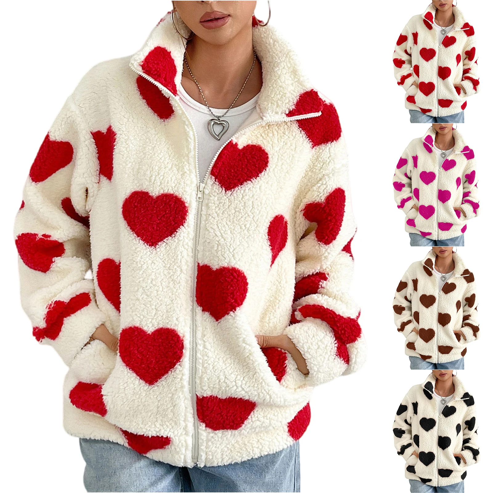 

Girl's Fashion Fall Winter Fleece Loose Long Sleeve Zipper Cardigan Solid Color Heart Printed Daily Versatile Plush Jacket
