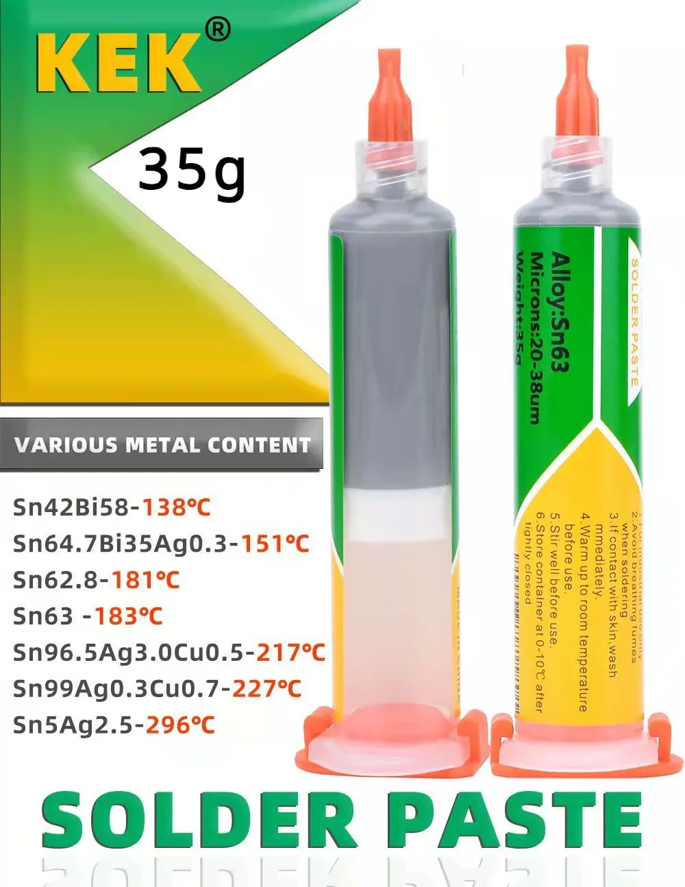 Estanho Seringa Solda Pasta, Alta Temperatura 296 para SMT, BGA, Sem Limpeza, 35g, Sn5Pb92.5Ag2.5