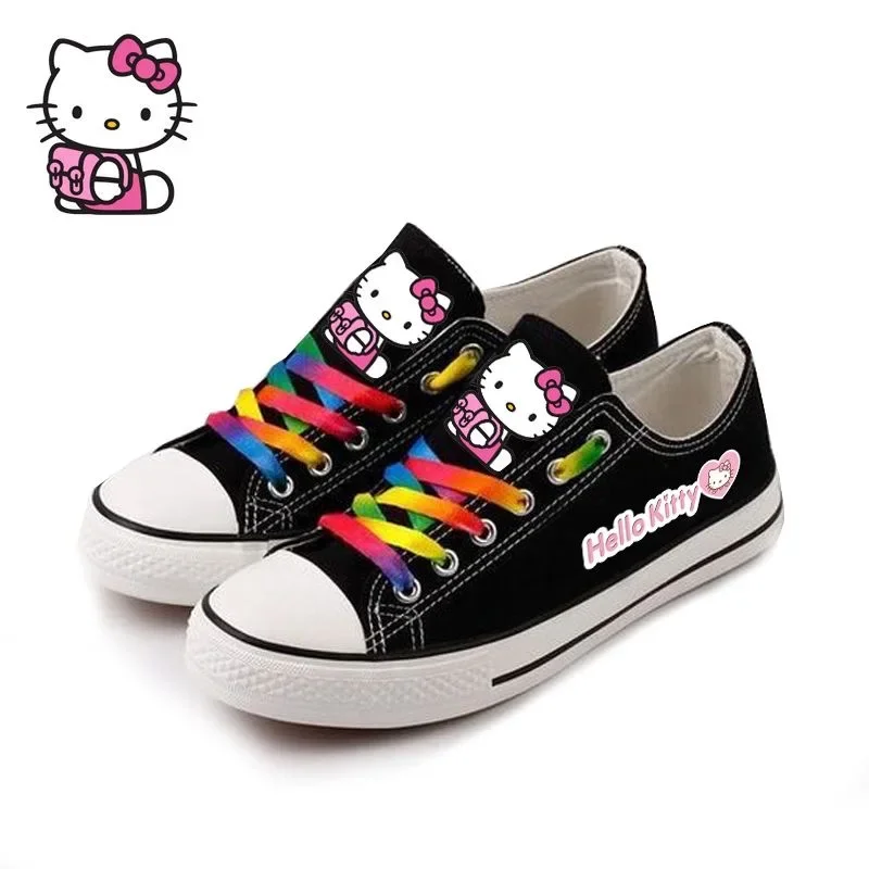 

Sanrio Hello Kitty Cute Girl Black Canvas Shoes Cartoon Low Help Versatile Kawaii Shoes Kitty Printed Shoes for Women 2025 New