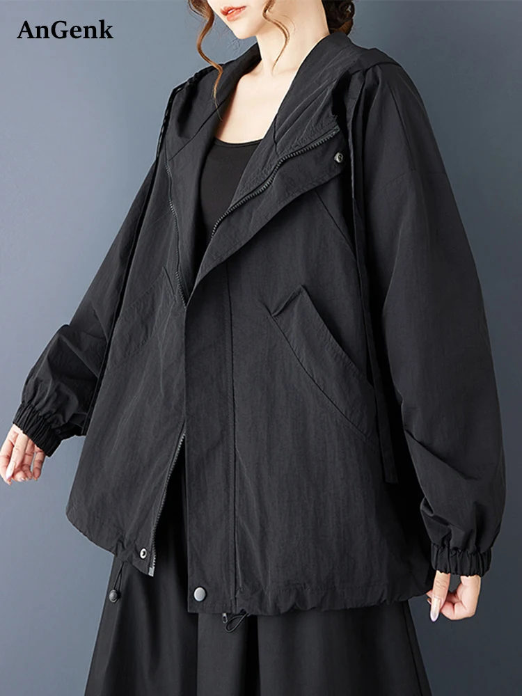 

2025 Spring Autumn New Black Vintage Oversized Jacket Women Coat Hooded Long Sleeve Casual Loose All Match Fashion Outerwear