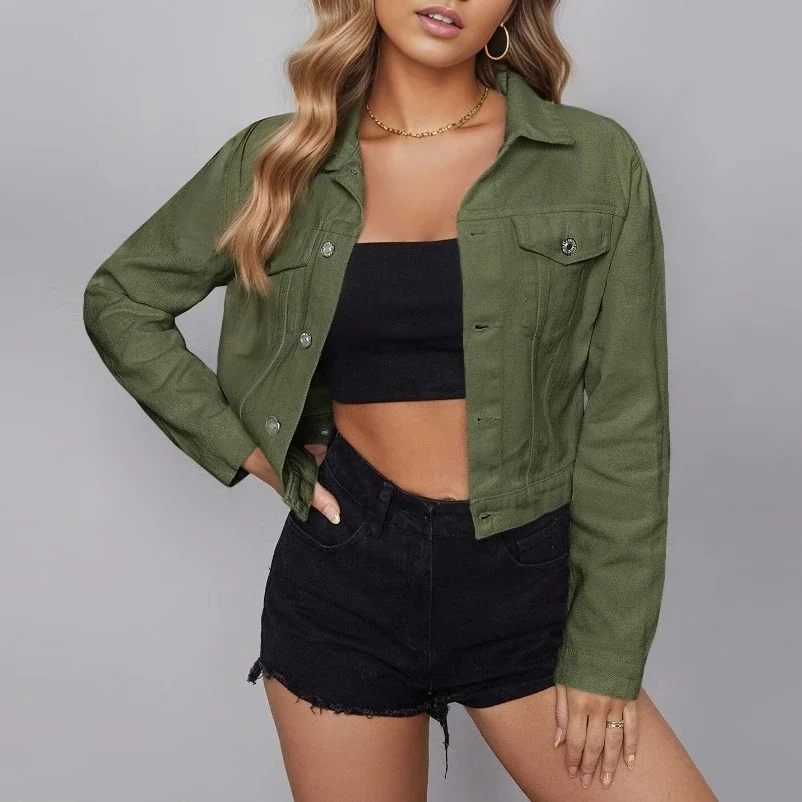 

Fashion Lapel Short Denim Jacket for Women Casual Denim Jacket Top 2024 New Design Jean Coat Army Green Tops Coats