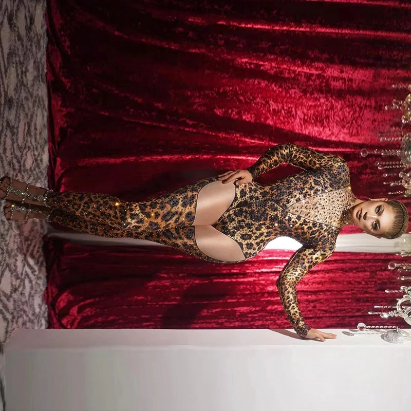 

Sparkle rhinestones jumpsuit leopard print sexy nightclub party birthday drag queen pole dance singer festival outfit