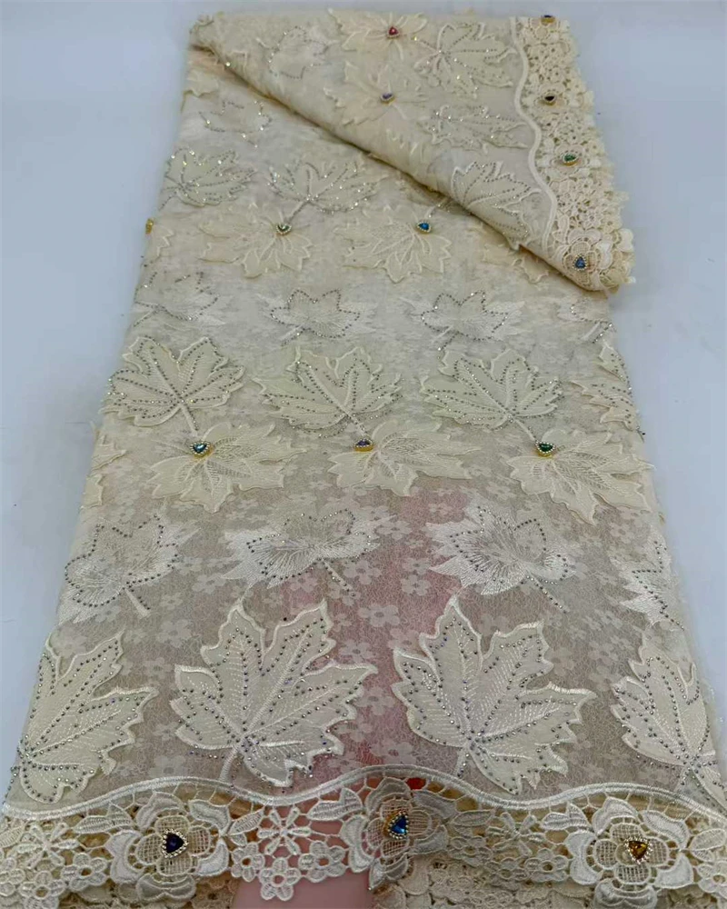 قماش دانتيل نيجيري أفريقي عالي الجودة مطرز بالخرز تول أحجار جبر قابل للذوبان في الماء 5 ياردات لفساتين الزفاف