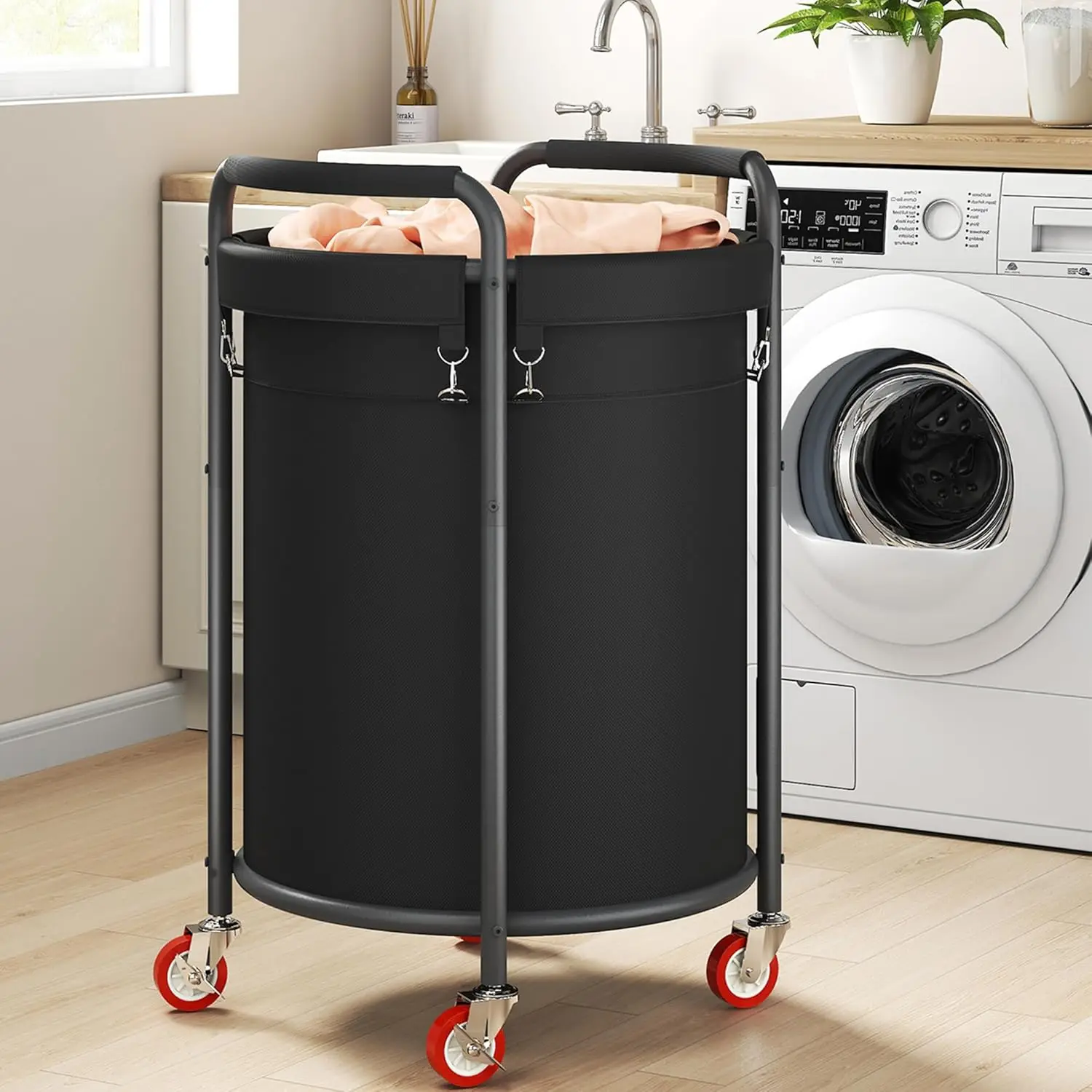 Laundry Basket with Wheels, Rolling Laundry Hamper, 50 Gal. (190L), Round Laundry Sorter Cart with 4 Casters, Removable Liner