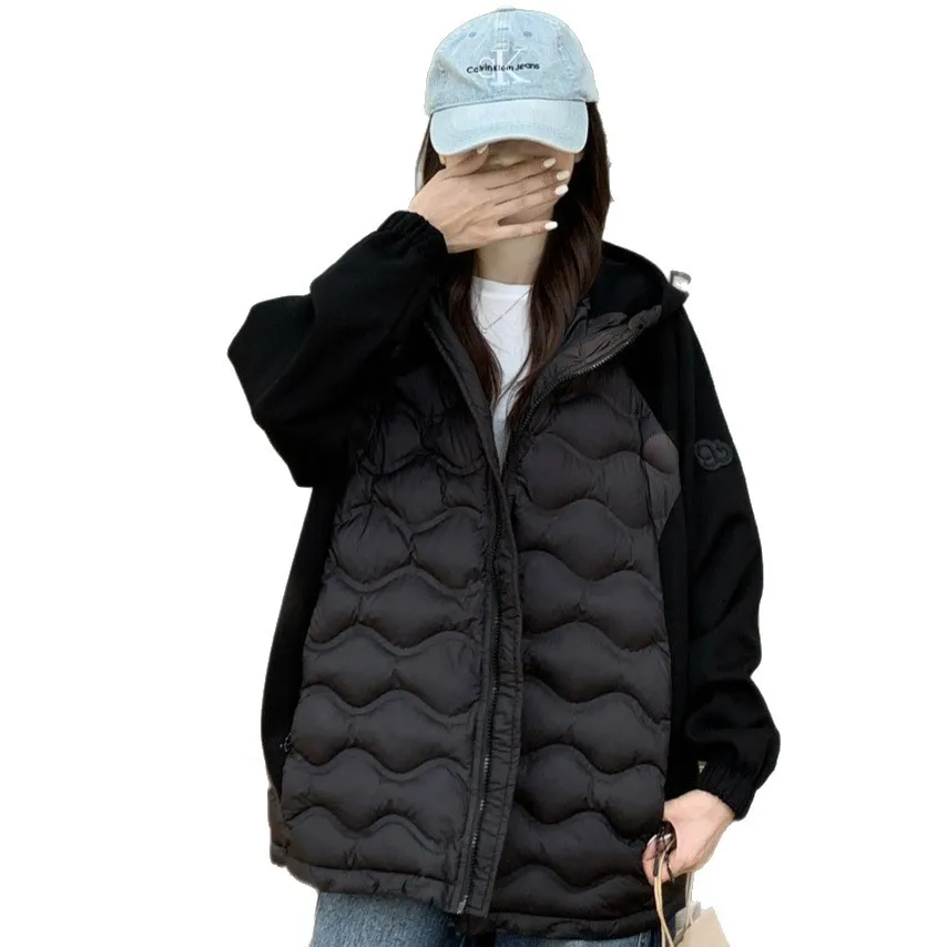 Spliced Short Women Parkas Coats Hooded Overcoats Solid Zipper Long Sleeves Loose Fit Thin Office Lady Casual Autumn Winter 2025
