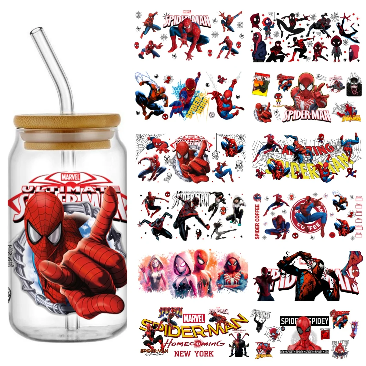 Miniso تصميم جديد الرجل العنكبوت أبطال السوبر UV DTF ملصق مائي ل 16 أوقية Libbey الزجاج يمكن كوب uvdtf القهوة سيارة ثلاثية الأبعاد ملصق DIY بها بنفسك