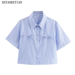 KEYANKETIAN 2024 New Launch Women's Short-sleeved Striped Shirt Summer Bow Decoration Pockets Cropped Blouse Sweet Crop Top