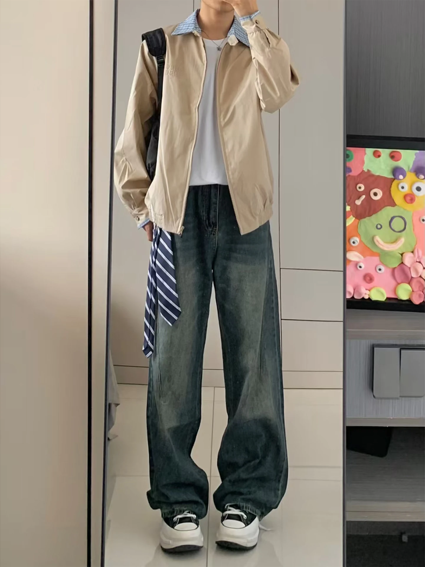 

Retro Blue Washed Men's Jeans Casual Wide Leg Straight Cut Denim Pants Vintage American Style Autumn Fashion Youth Clothing