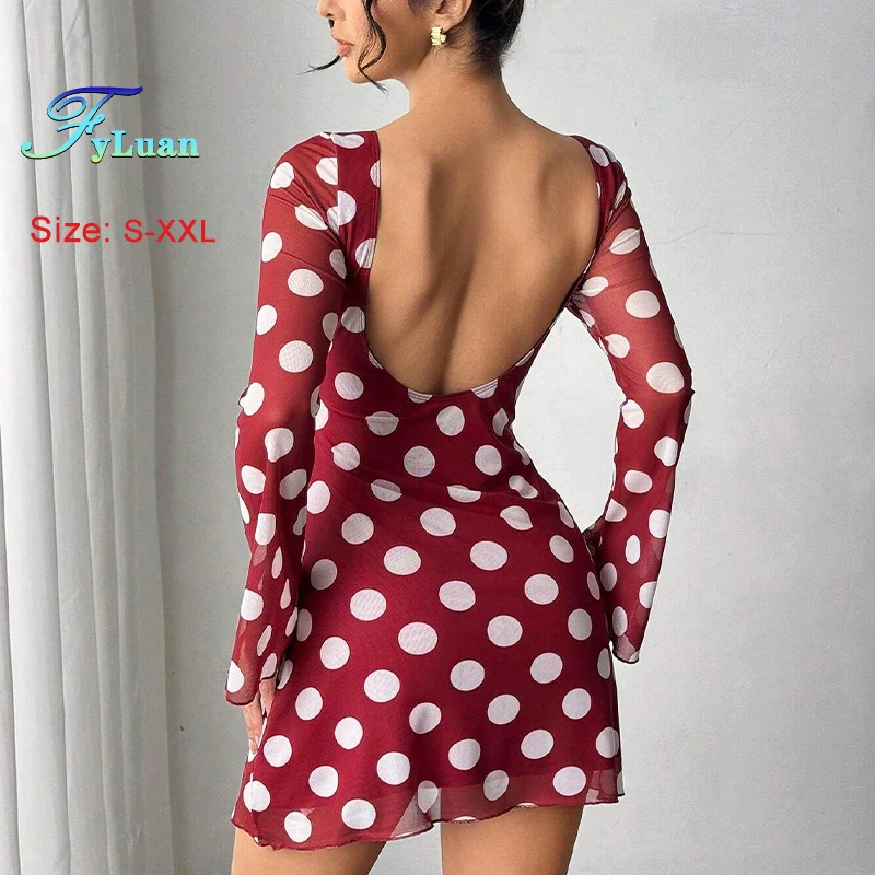 2025 Nuovo vestito da donna Sexy Sheer Mesh Round Dot Manica svasata Mini abito femminile Backless Manica lunga Nightclub Party Abito corto