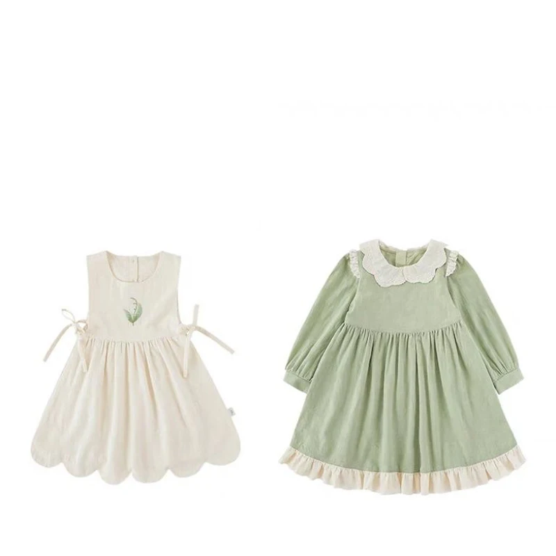 Spring Autumn Girls Casual Retro Palace Lace Pastoral 2Pcs Green Dresses Kids Party Costumes Children Princess Skirts 2-7 Yrs