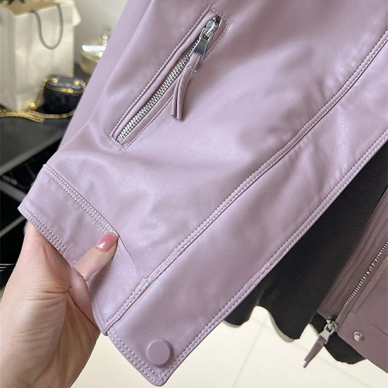 Chaqueta de cuero corta para mujer, chaqueta informal de cuero PU con cuello levantado y temperamento, chaquetas de motocicleta sólidas para primavera 2025