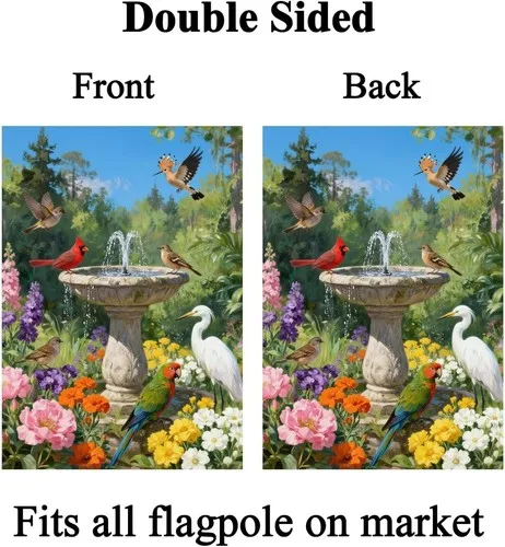 Spring Lush Garden Flowers Birds Cardinal Parrot Stone Birdbath, 12
