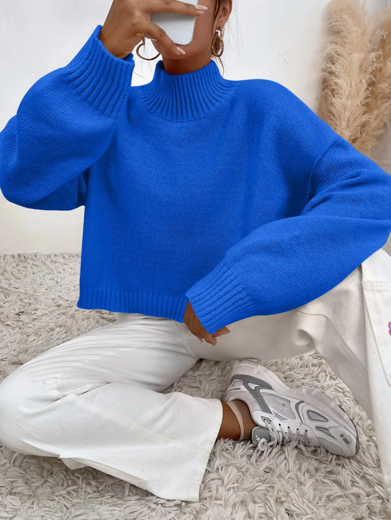 

Royal Blue Mock Neck Drop Shoulder Crop Sweater for Women, Oversized Long Sleeve Knit Pullover Fall Winter Casual Top