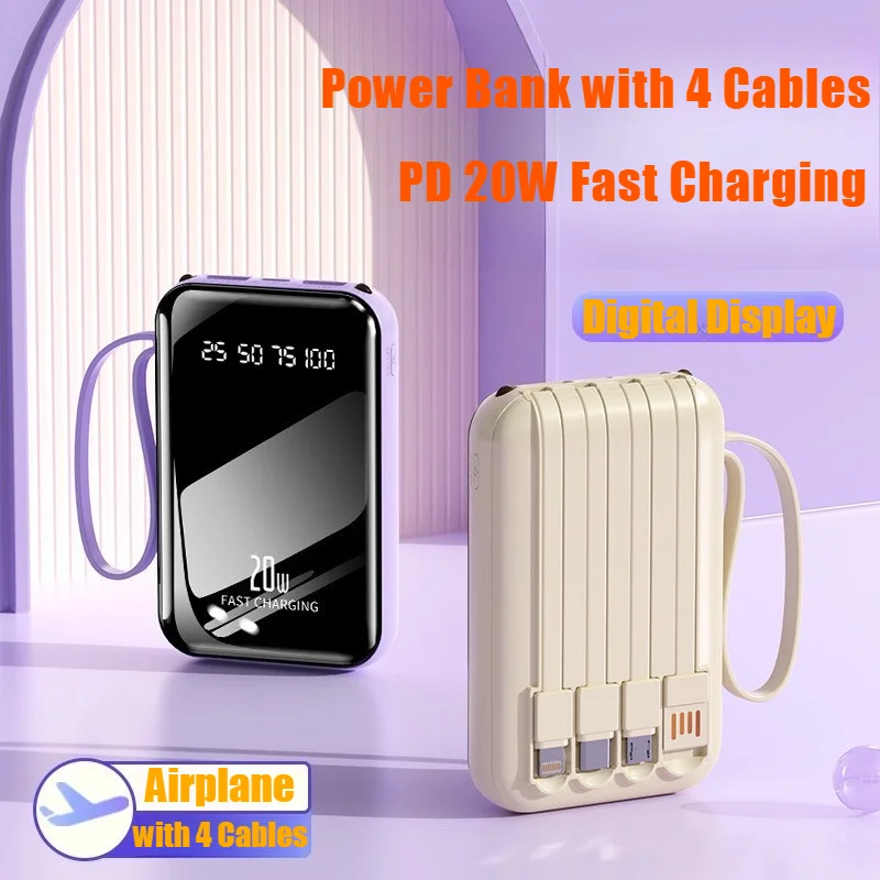 

New Portable Power Bank Comes with Cables Mirror Mobile Supply 20000mAh External Battery Charger Cases for iPhone Samsung Xiaomi