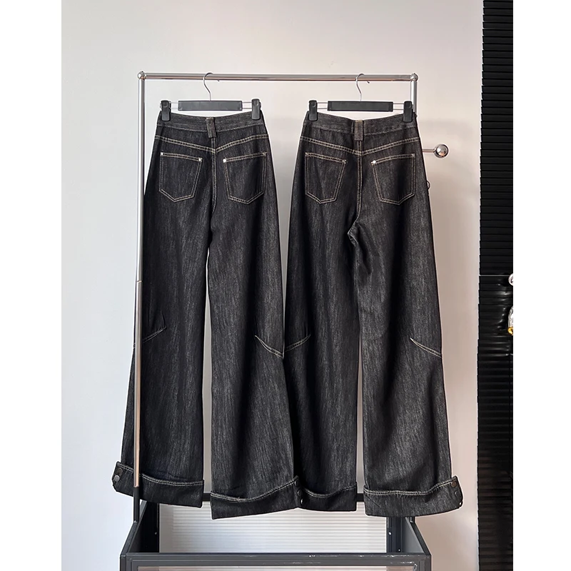 Damskie jeansy z szerokimi nogawkami z wysokim stanem Lady Spring Summer Streetwearr Dwa guziki Luźne proste jeansy pełnej długości