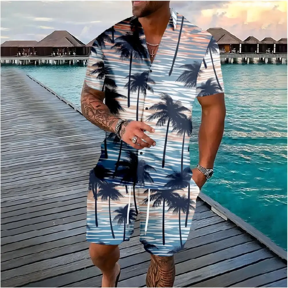 Men Hawaiian Sunset Palm Tree Button Shirt Shorts Dress Color Pineapple Set Street Wear Casual Beach Wear