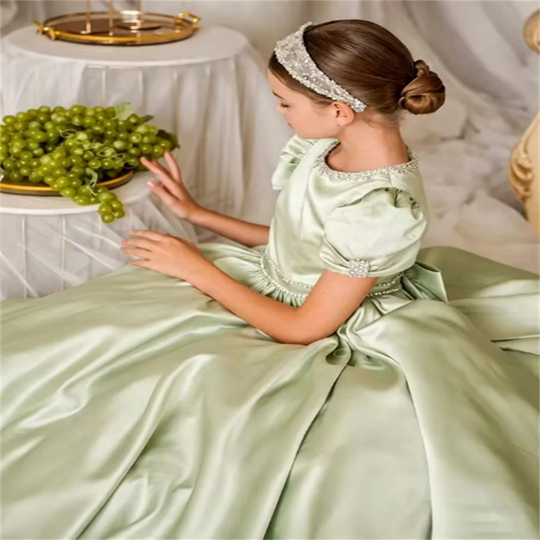 Mint Green Satin Flower Girl Dress Puff Sleeve Rhinestone Neck Big Bow Back Long Ball Gown Kids Formal Party Dresses For Wedding