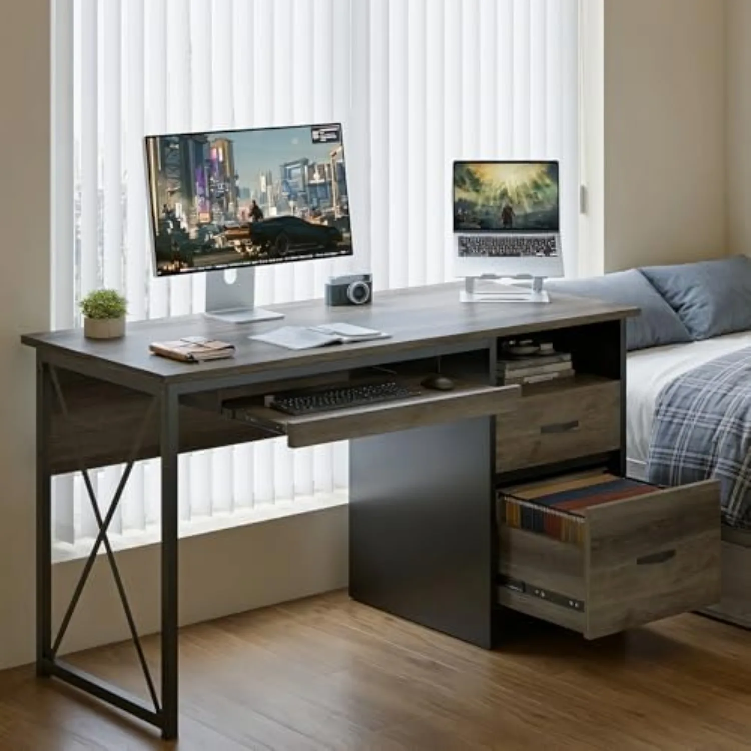 Office Desk with Drawers, 55 inch Industrial Computer Desk with Storage, Wood Teacher Desk with Keyboard Tray & File