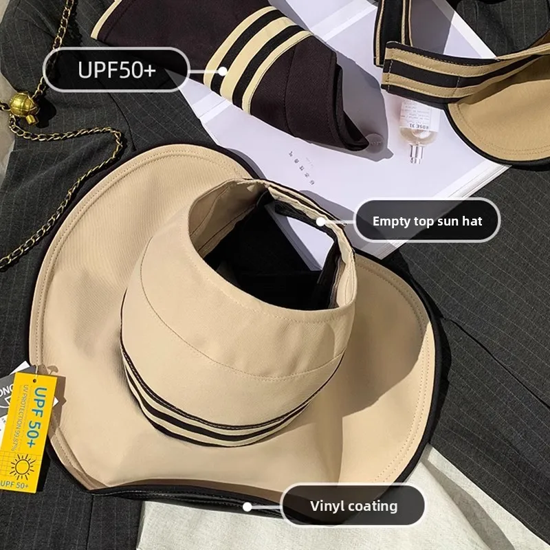 Foldable Striped Wide Brim Visor Hat with Black Inner Lining UV Blocking Sun Cap for Ladies Outdoor Trip Daily Sun Protection