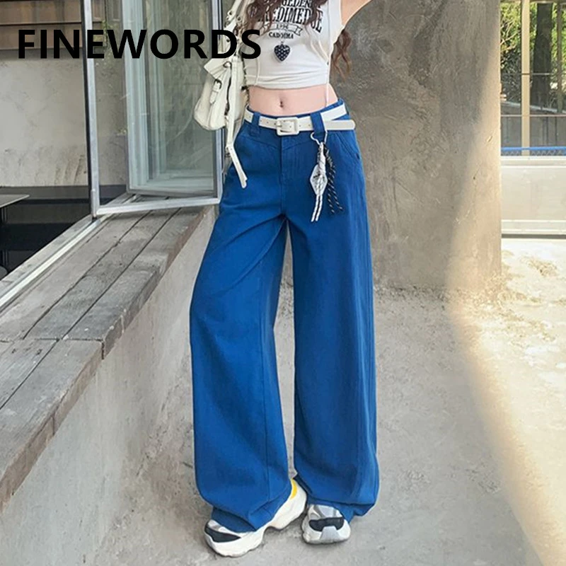 

Винтажные широкие джинсы FINEWORDS ярко-синего цвета для женщин, с высокой талией, свободного кроя, широкие штанины, полная длина, уличный стиль