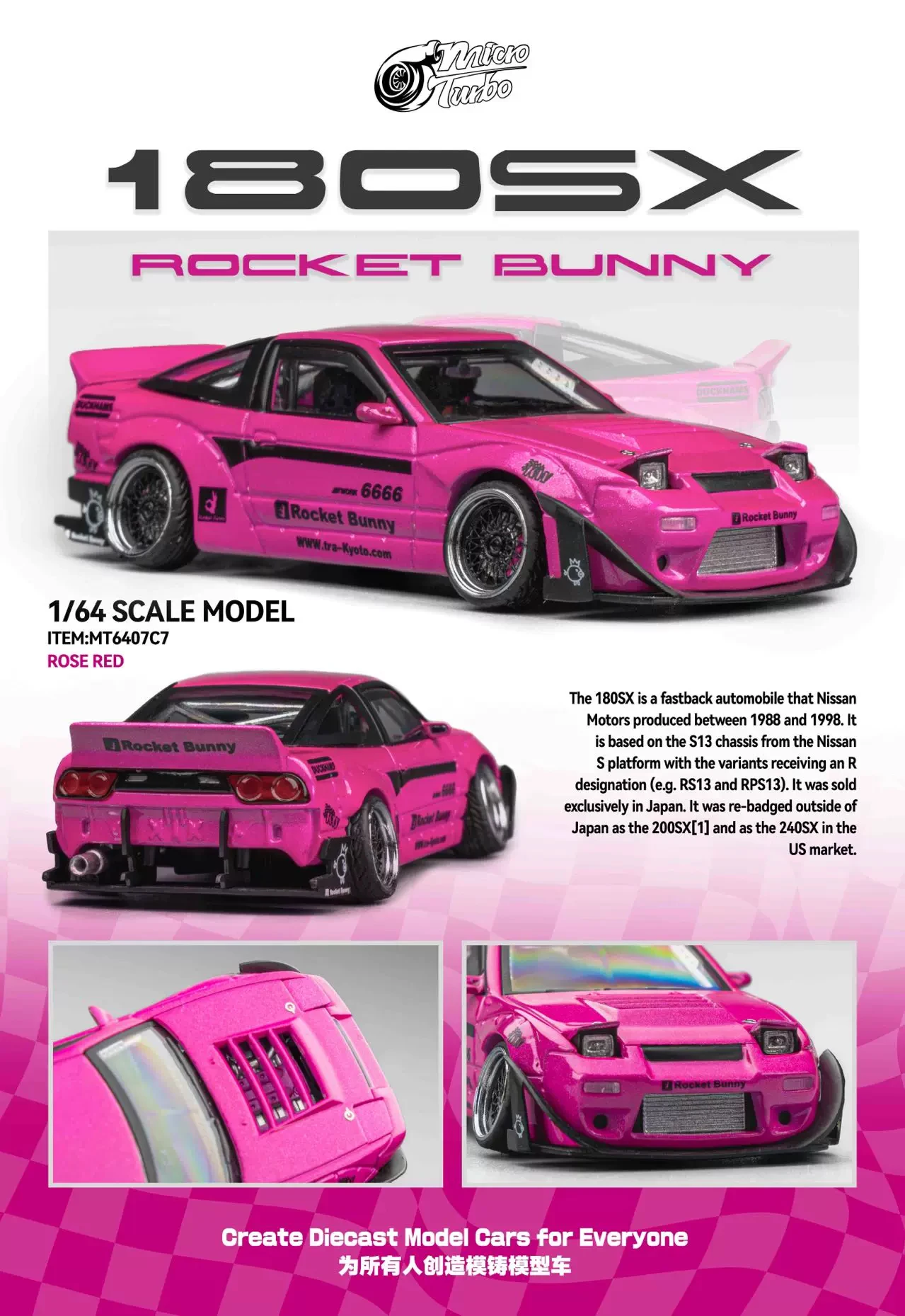 Micro Turbo 1:64 180SX Rocket Bunny Rose Red Druckguss-Modellauto # MT6407C7 Auf Lager, Versandbereit