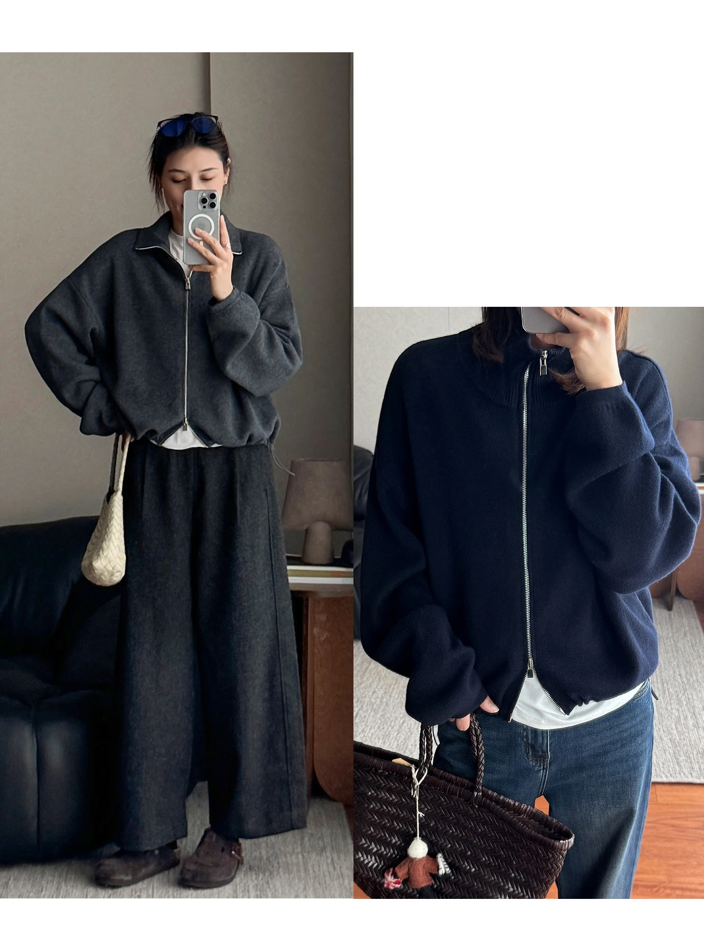 

Ультратонкая шерсть, мягкий высококачественный воротник-стойка, двойная молния, открытый кардиган, верхняя одежда, осенний новый однотонный универсальный вязаный кардиган...