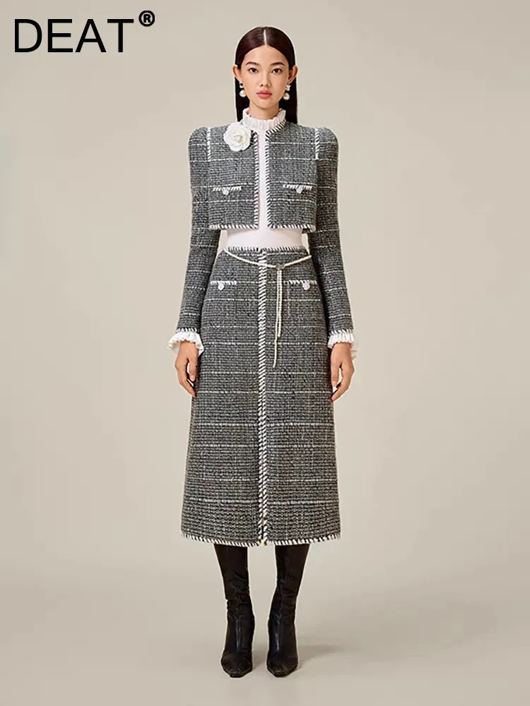 DEAT Elegant 2 Pcs Set Contrast Color Line Long Sleeve Tweed Coat High Waist Chain Loose Skirt Suit Autumn 2024 New 13DB3940