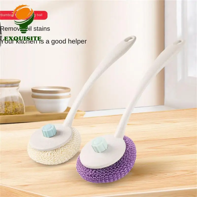 Non-stick Pan Brush Easy Cleaning Bamboo Fiber Cleaning Ball Rustproof Long Short Handle Household Accessories Kitchen Gadgets