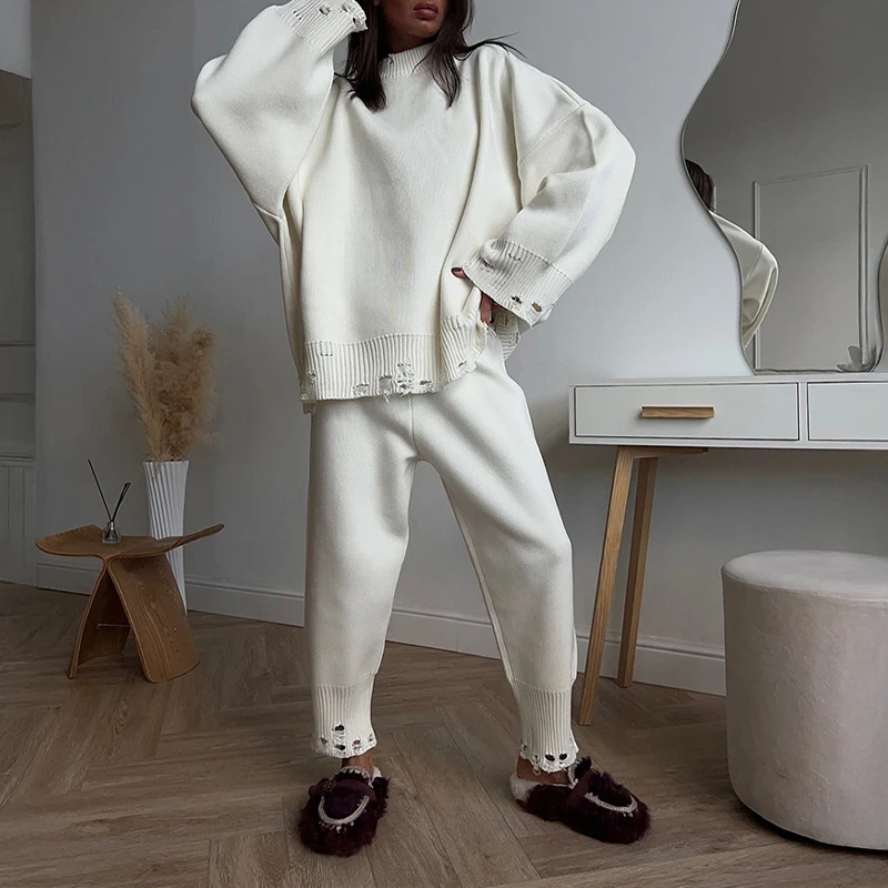OMSJ Female 2025 Two Pieces Ripped Sweater Set Knitted Round Collar Long Sleeve Pullovers+Pants Fashion Casual Street Tracksuits