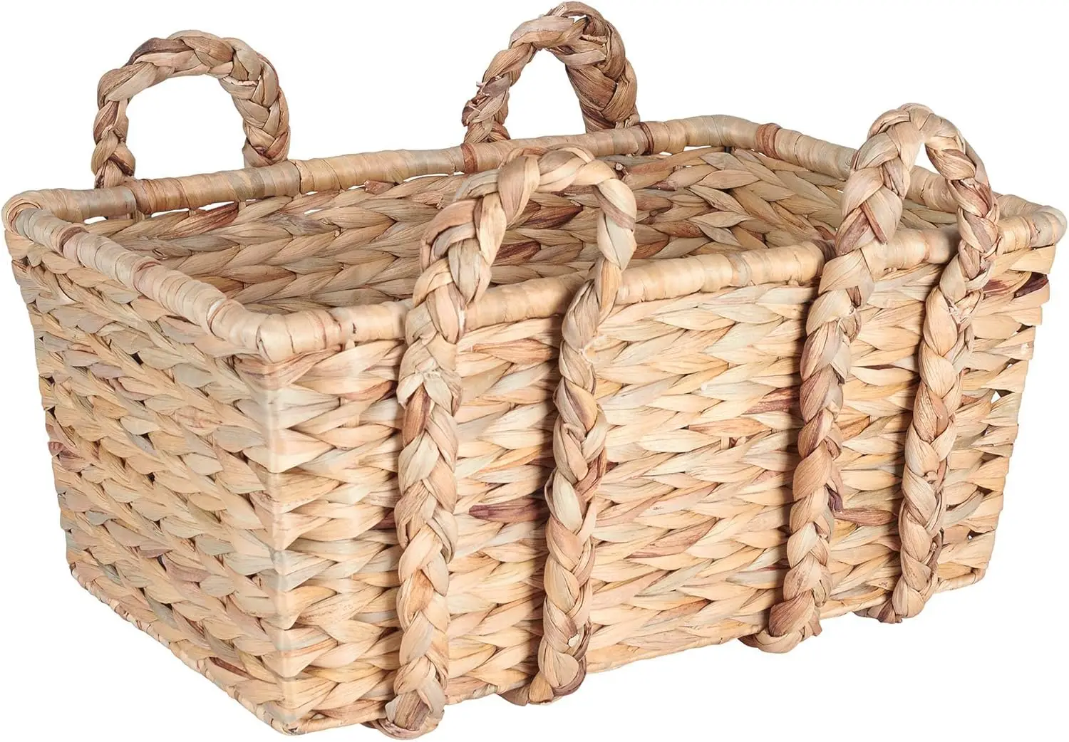 

Spacious Rectangular Floor Storage Basket with Woven Handles in Warm Light Brown Tone