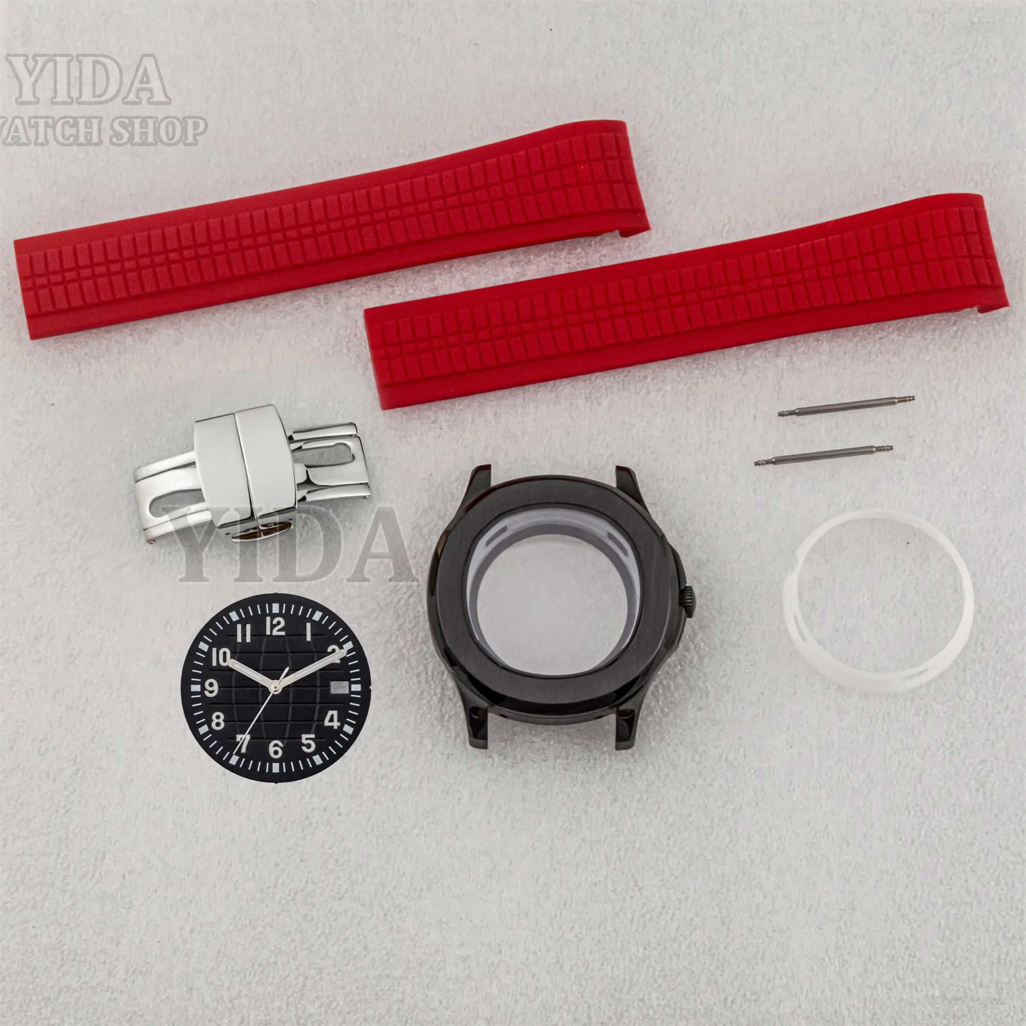 

NH35 Black Watch Case Dial Rubber Red Strap Green Luminous Hands for AQUANAUT Nautilus NH36 Movement Replace Mod Repair Tools